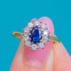 Sapphire cluster ring, angled view of the Diamond halo