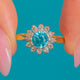Blue Zircon and Diamond flower cluster ring, front view