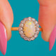 VIVID Victorian 18ct Gold Old Mine Cut Diamond Opal Cluster Ring, front of oval Opal and Diamond halo