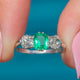 Antique 18ct White Gold Emerald Diamond Trilogy Ring, 0.80ct Old Mine Cut Diamonds