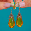 Art Deco Yellow Paste Briolette & Marcasite Drop Earrings, Original 9ct Gold Hooks