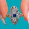 Art Deco 14ct White Gold French-Cut Sapphire & Old European-Cut Diamond Filigree Ring